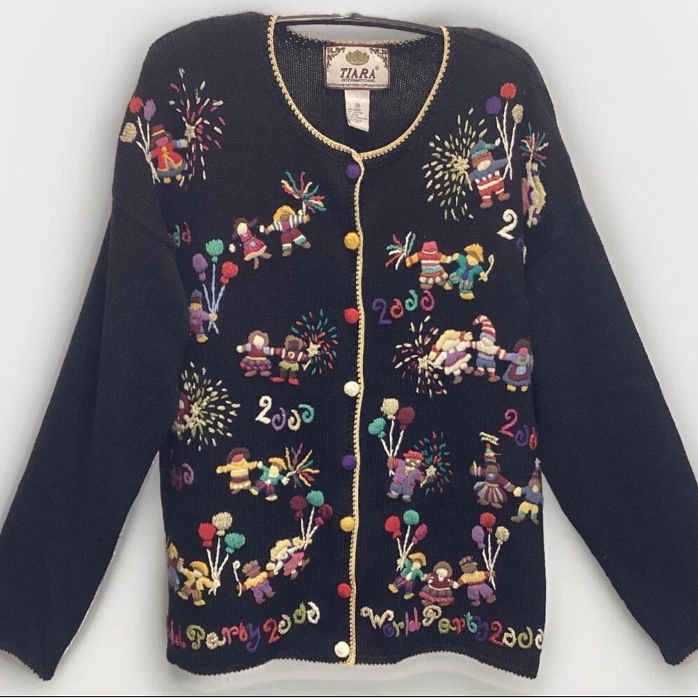 Tiara International Vintage 2000 Xmas New Years World Party Cardigan Medium GUC